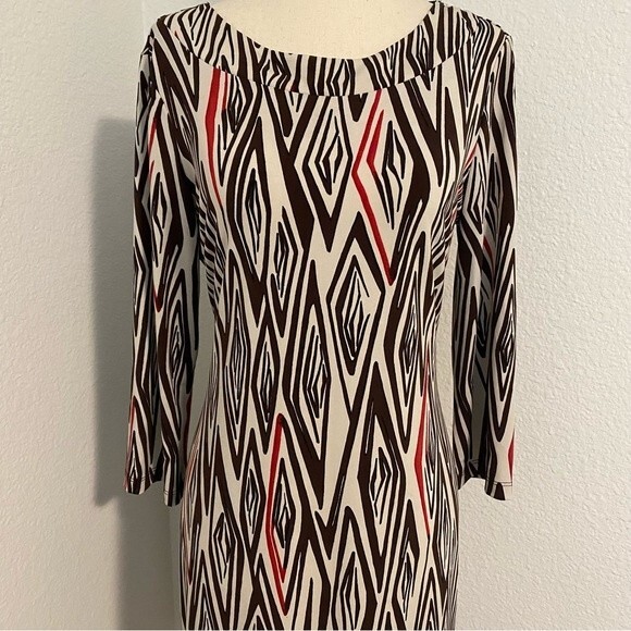 Chico's Brown Red Cream L Sleeve Scoop Neck Knee Length Sheath Dress SZ 4 - Picture 2 of 8